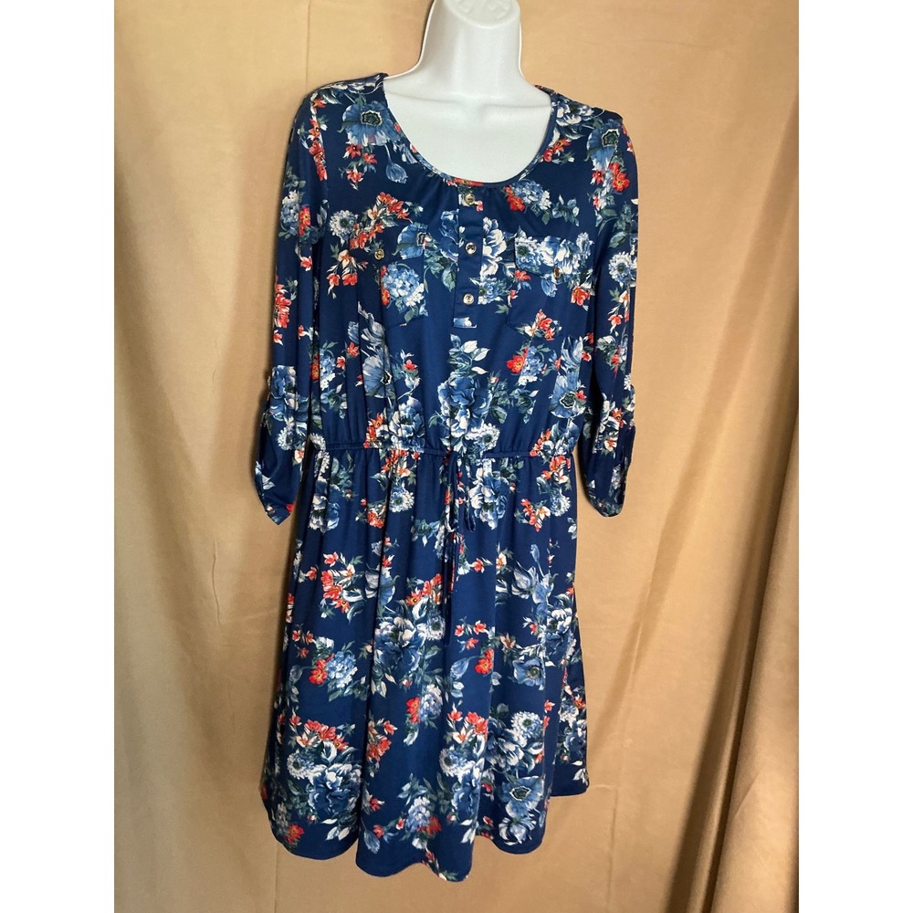 Perception Concept Floral Dress Womens Medium Blue Excellent Roll Tab Sleeve